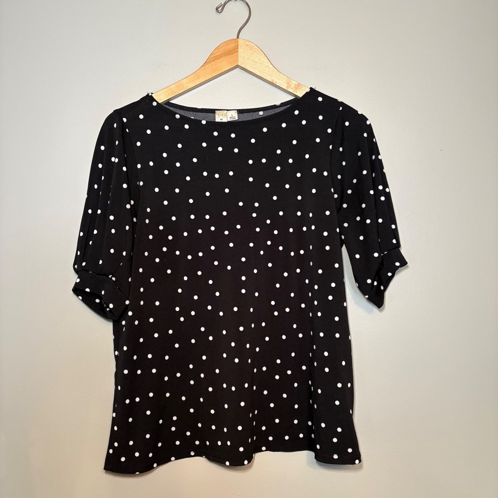 Misia Womens Polka Dot Puff Sleeve Boat‎ Neck Blouse Black White Size L